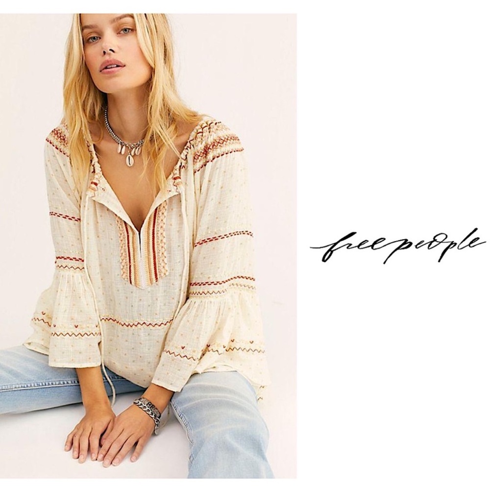 Free People Embroidered Boho Flowy 3/4 Sleeve Blouse, Cream & Red, Sz Small